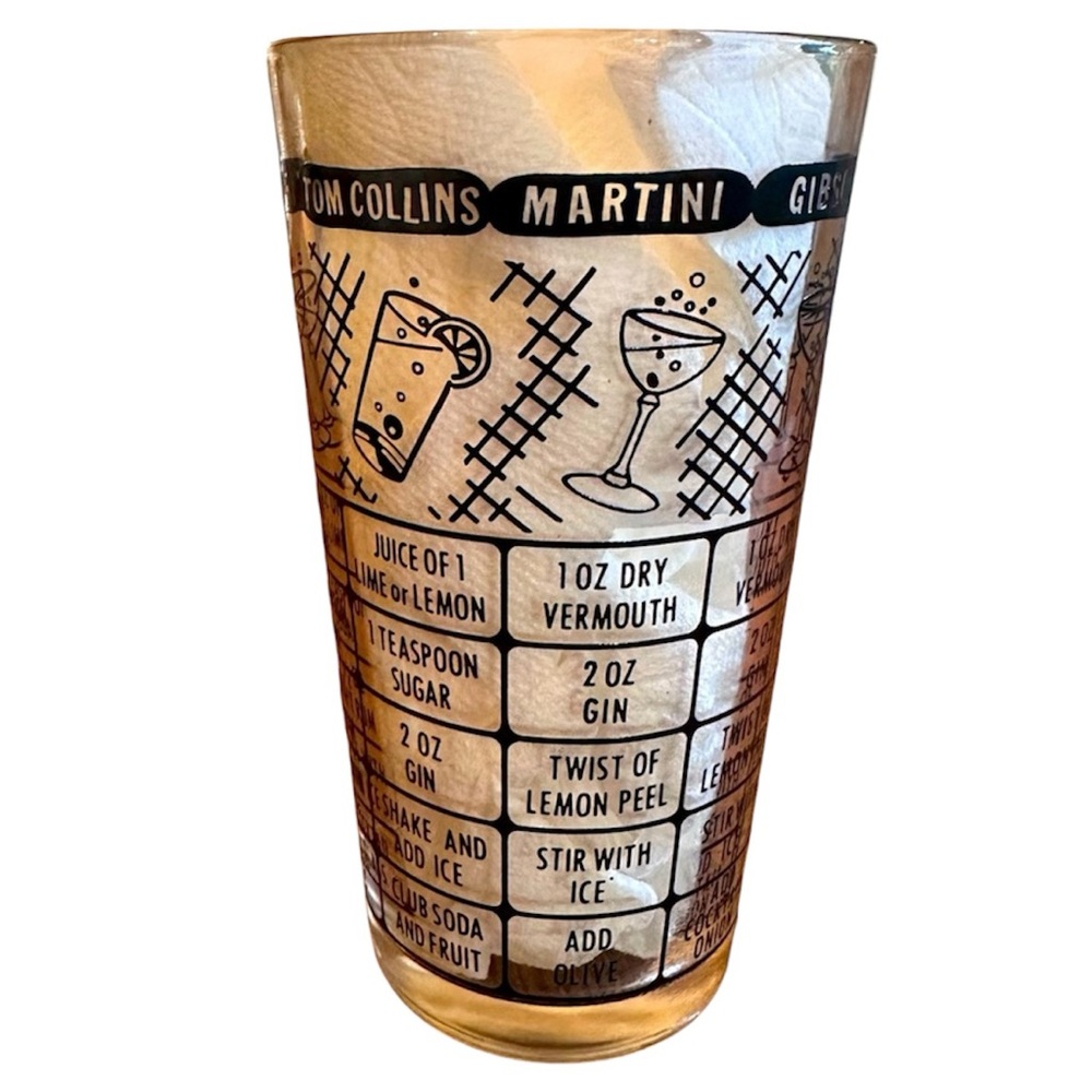 Vintage Mid Century Federal Cocktail Mixing Glass w/ 7 Recipes